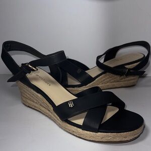 Tommy Hilfiger Black Wedge Espadrilles Sandals Sz 10